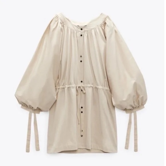 Zara Boho Cream Balloon Sleeves Buttons Mini Shirt Women's Dress Small - Picture 2 of 8